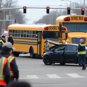 Scene of a RIPTA bus collision at an intersection with emergency responders present.