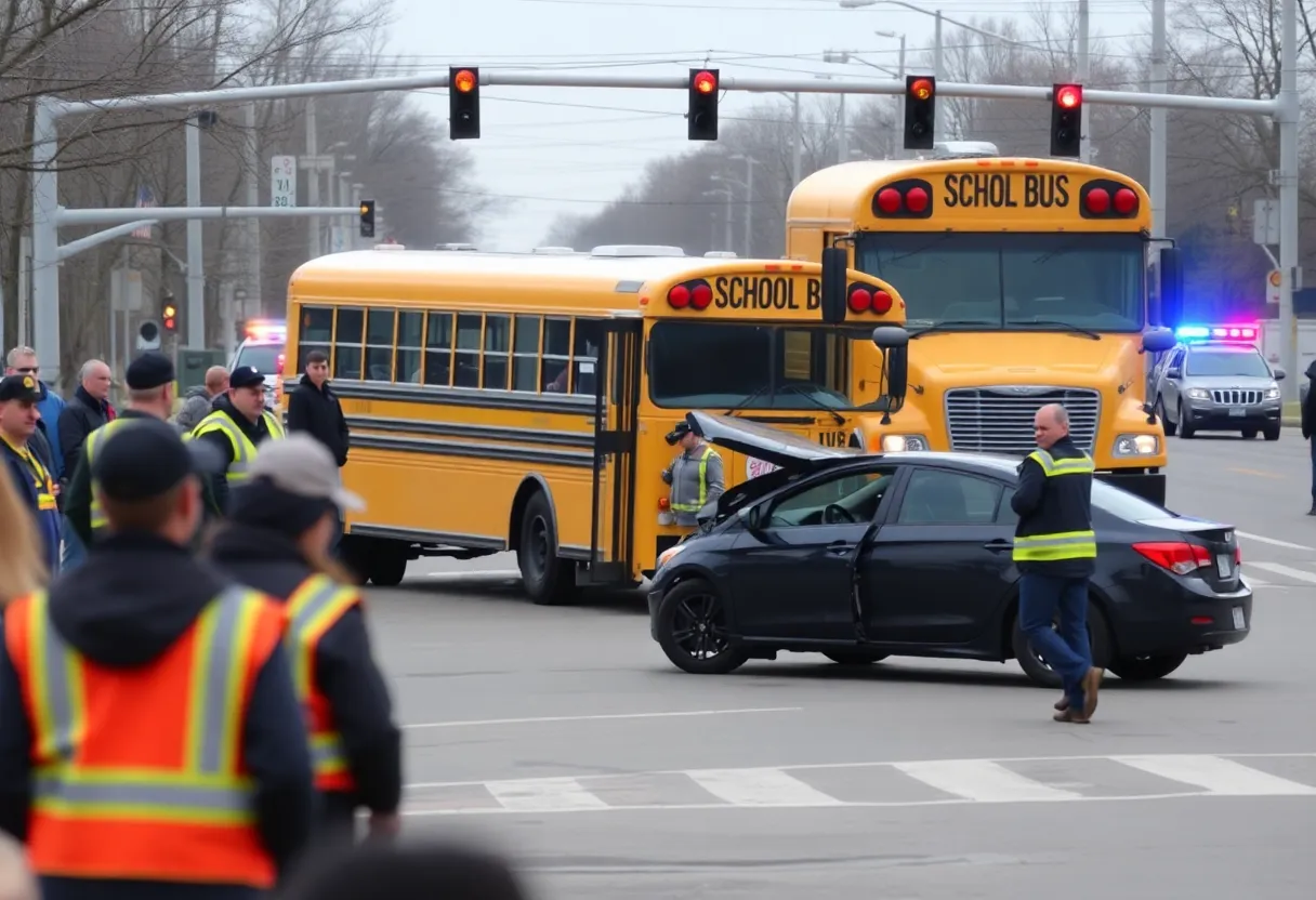 Scene of a RIPTA bus collision at an intersection with emergency responders present.