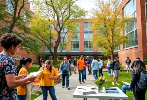Artistic view of Rhode Island School of Design campus with students