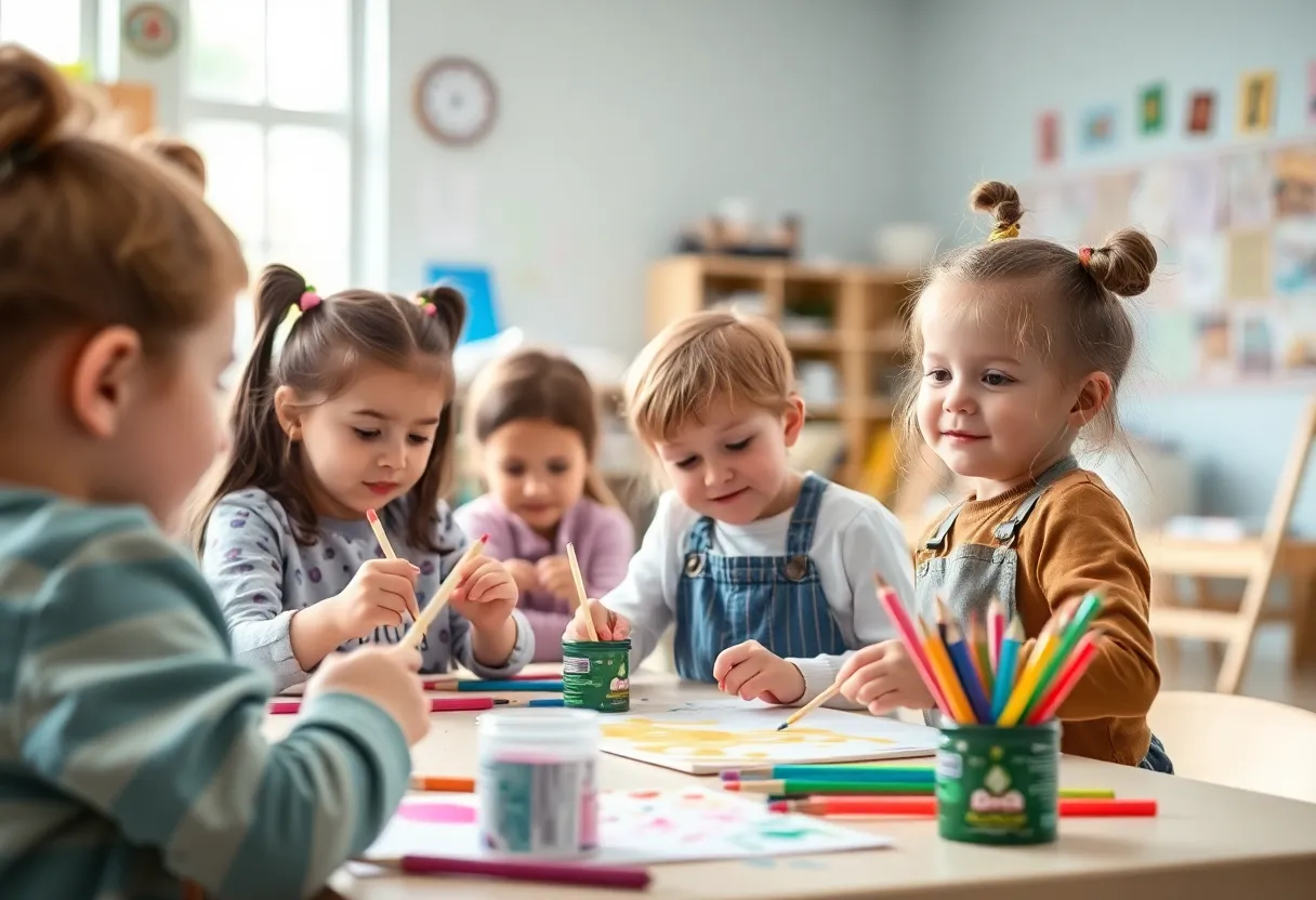 Children participating in painting activities in a classroom
