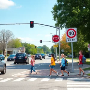 Children crossing safely in a Rhode Island school zone with speed limit signs.