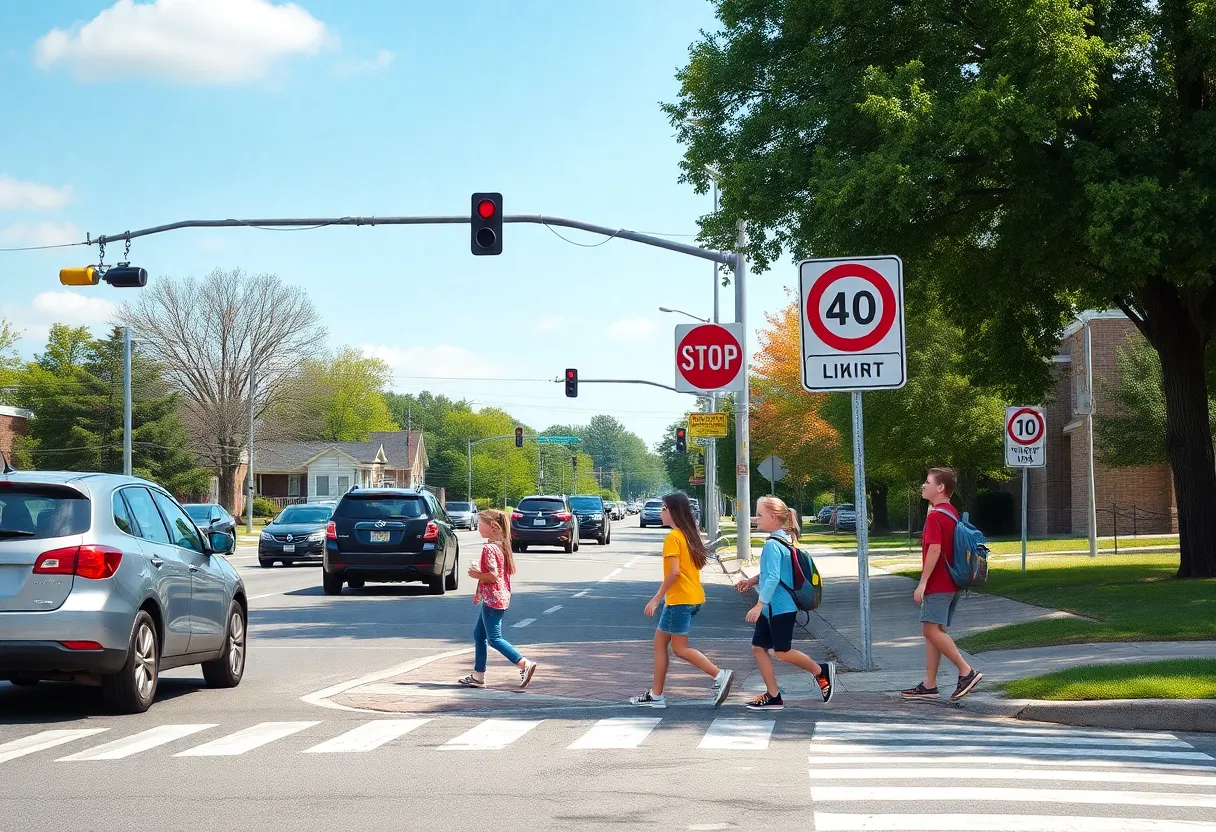 Children crossing safely in a Rhode Island school zone with speed limit signs.