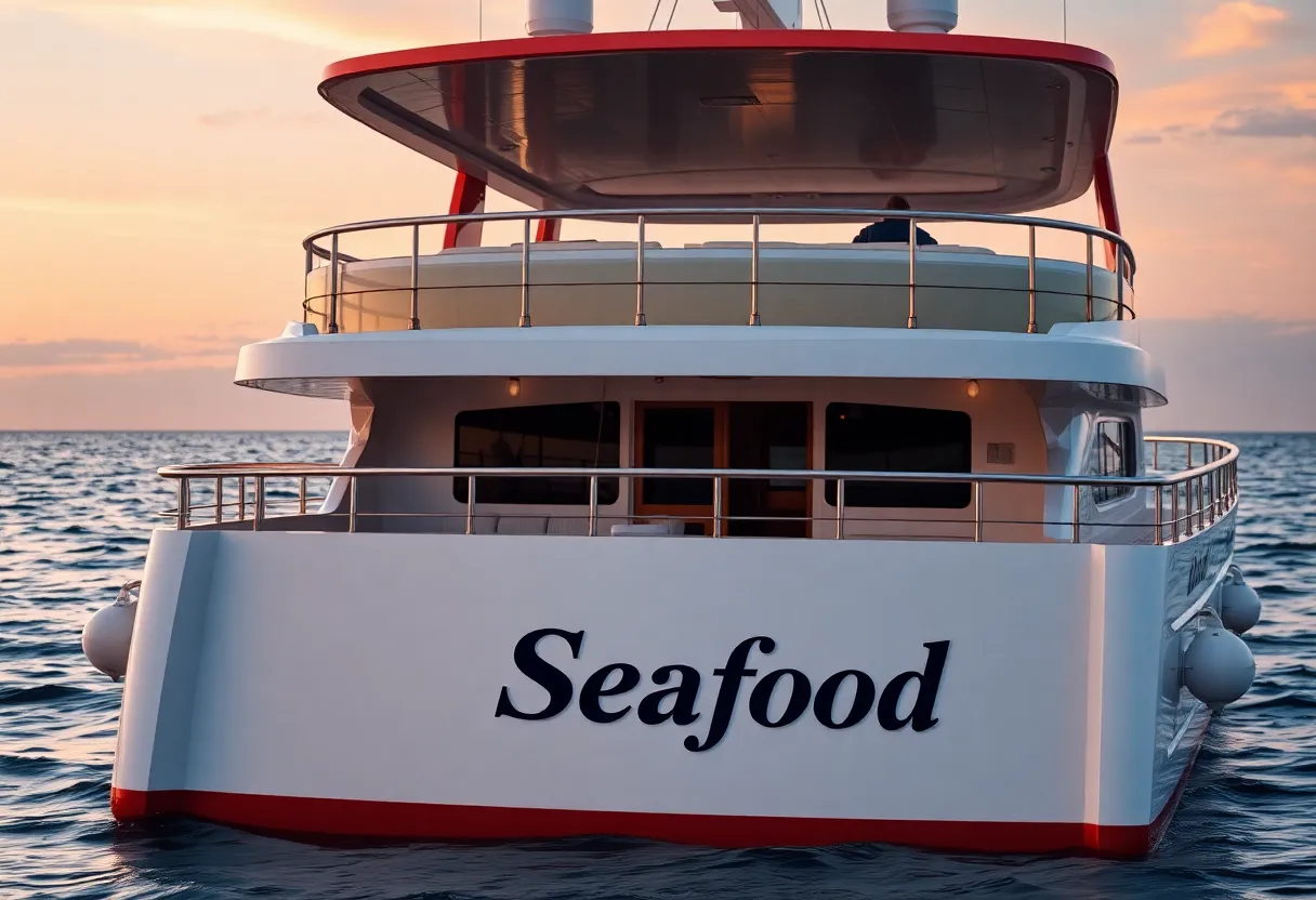 The iconic Seafood yacht with scenic ocean backdrop