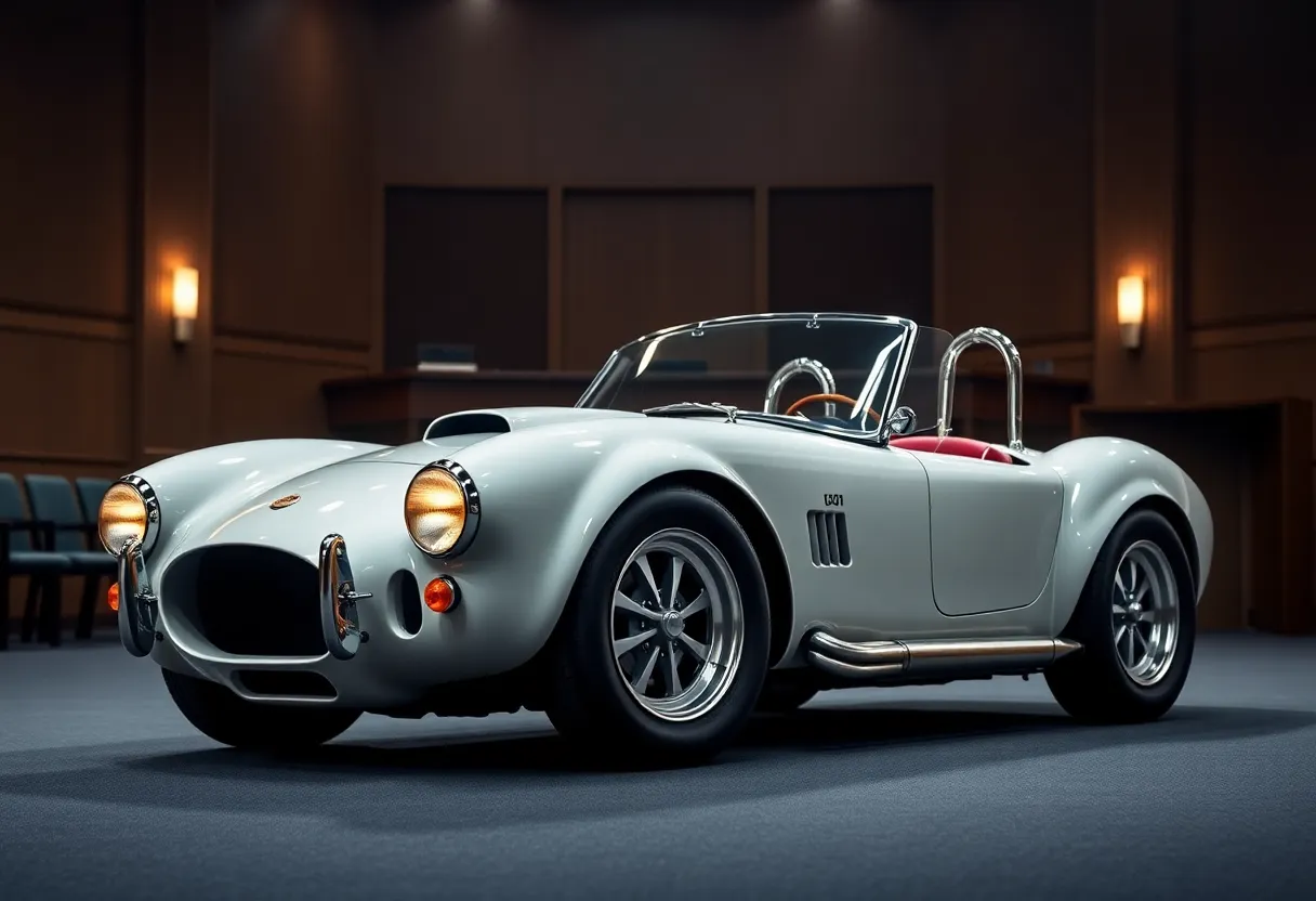 A vintage 1964 Shelby AC Cobra sports car in a courtroom setting