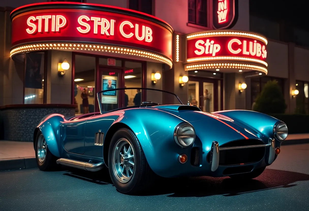 Shelby AC Cobra car parked outside a strip club