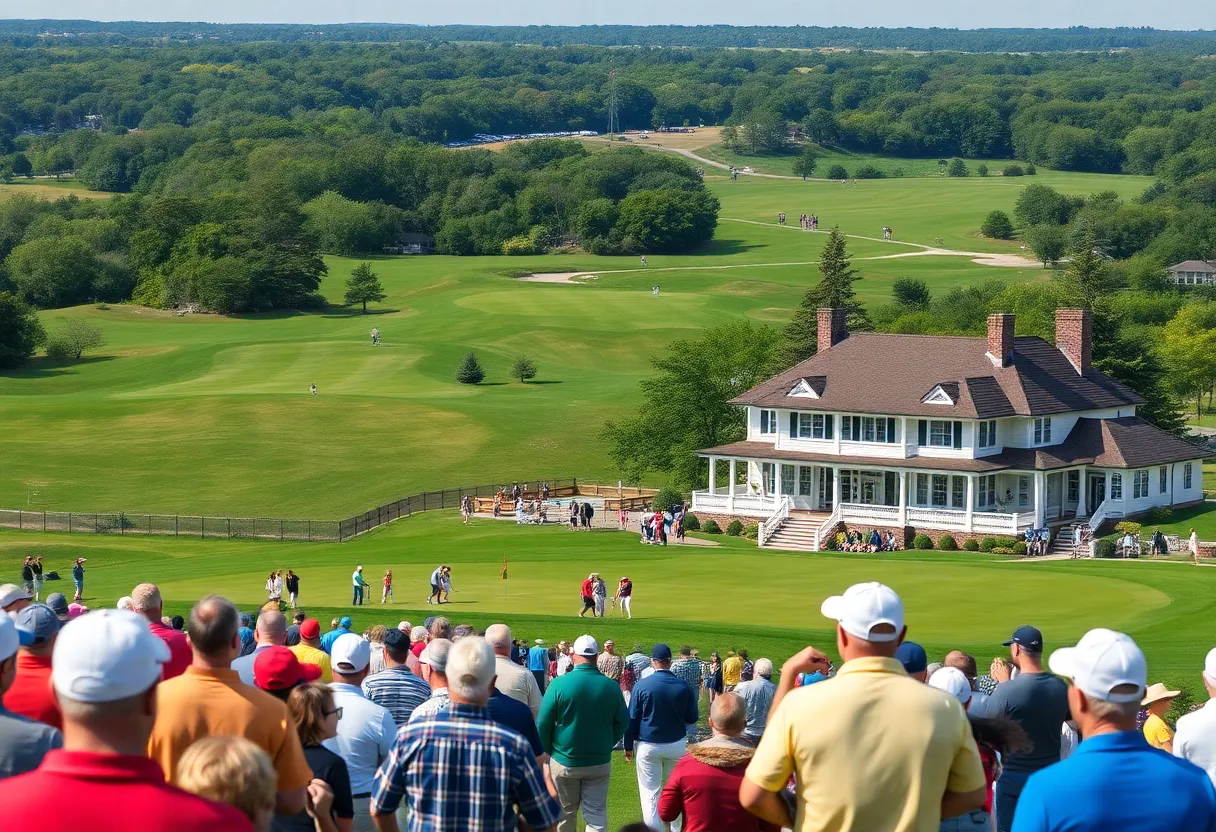 Aerial view of Shinnecock Hills Golf Club during a sunny day with golf enthusiasts gathered.