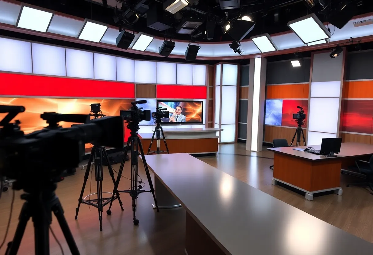 Television studio showing empty workspaces after local news layoffs