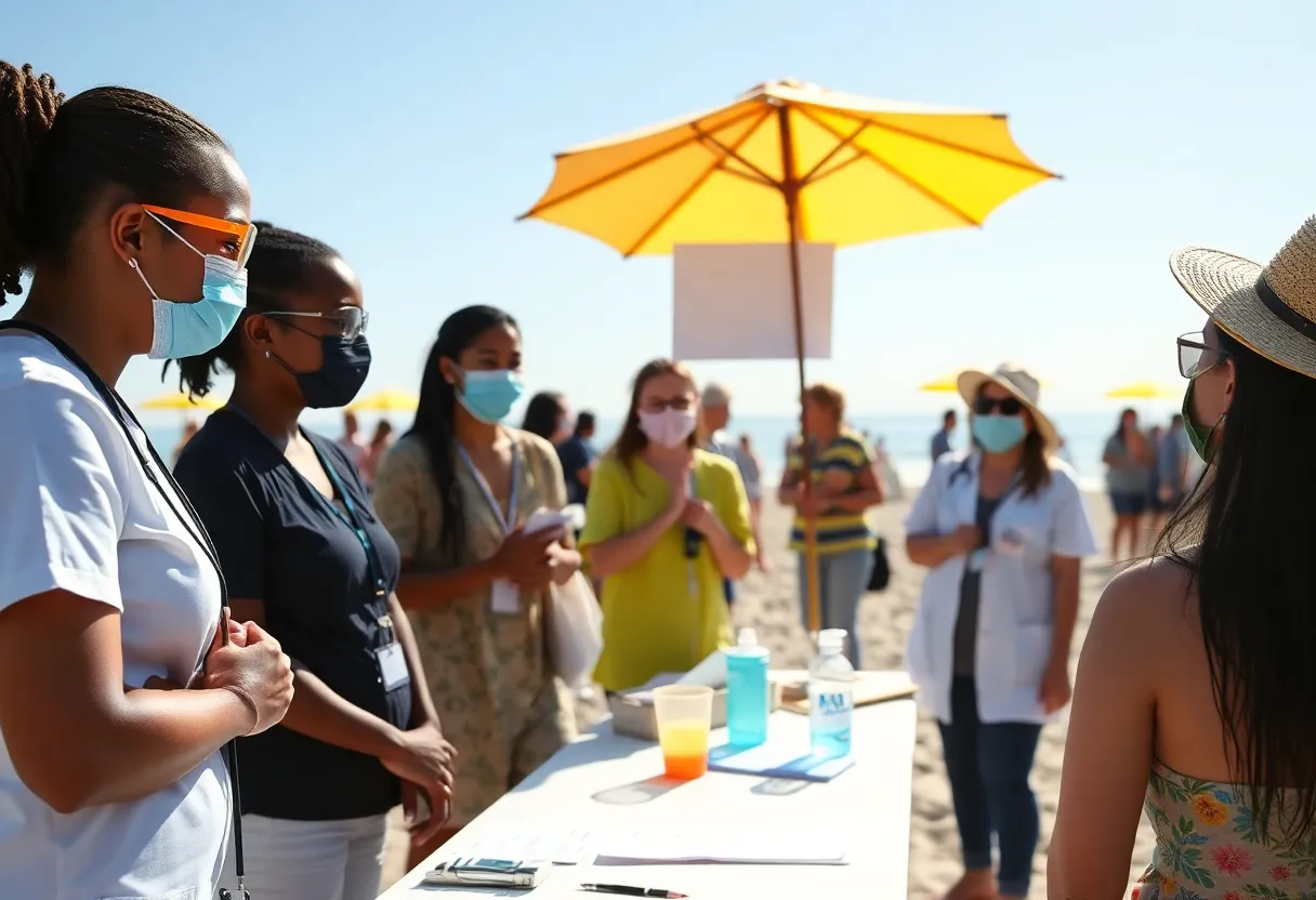 Health professionals conducting skin cancer screenings at a beach event