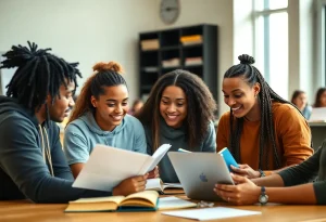 A group of student-athletes engaged in studying economics in a university setting.