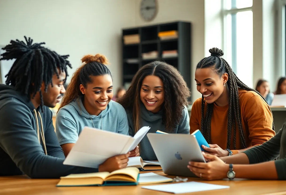 A group of student-athletes engaged in studying economics in a university setting.
