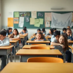 Diverse students engaged in learning in a classroom with some empty desks
