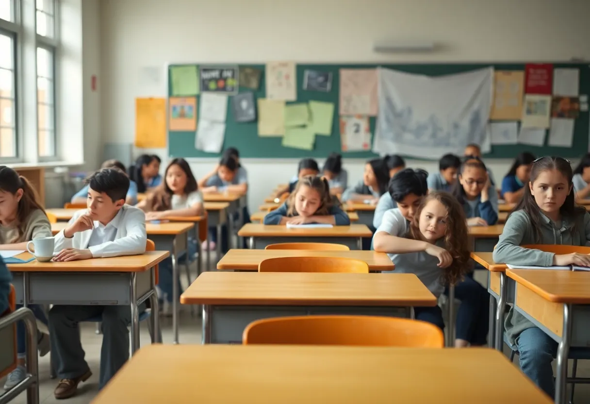 Diverse students engaged in learning in a classroom with some empty desks