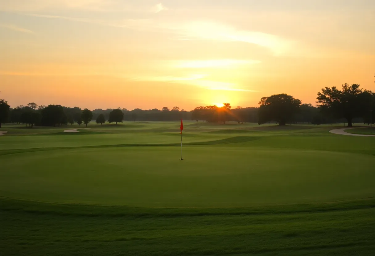 Golf course at sunset representing community and remembrance.