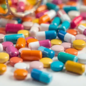 Colorful synthetic opioid pills mixed on a table