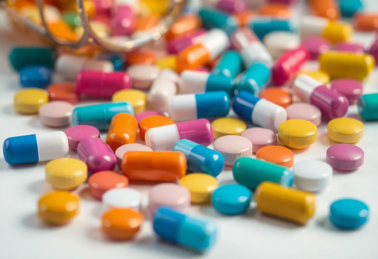 Colorful synthetic opioid pills mixed on a table
