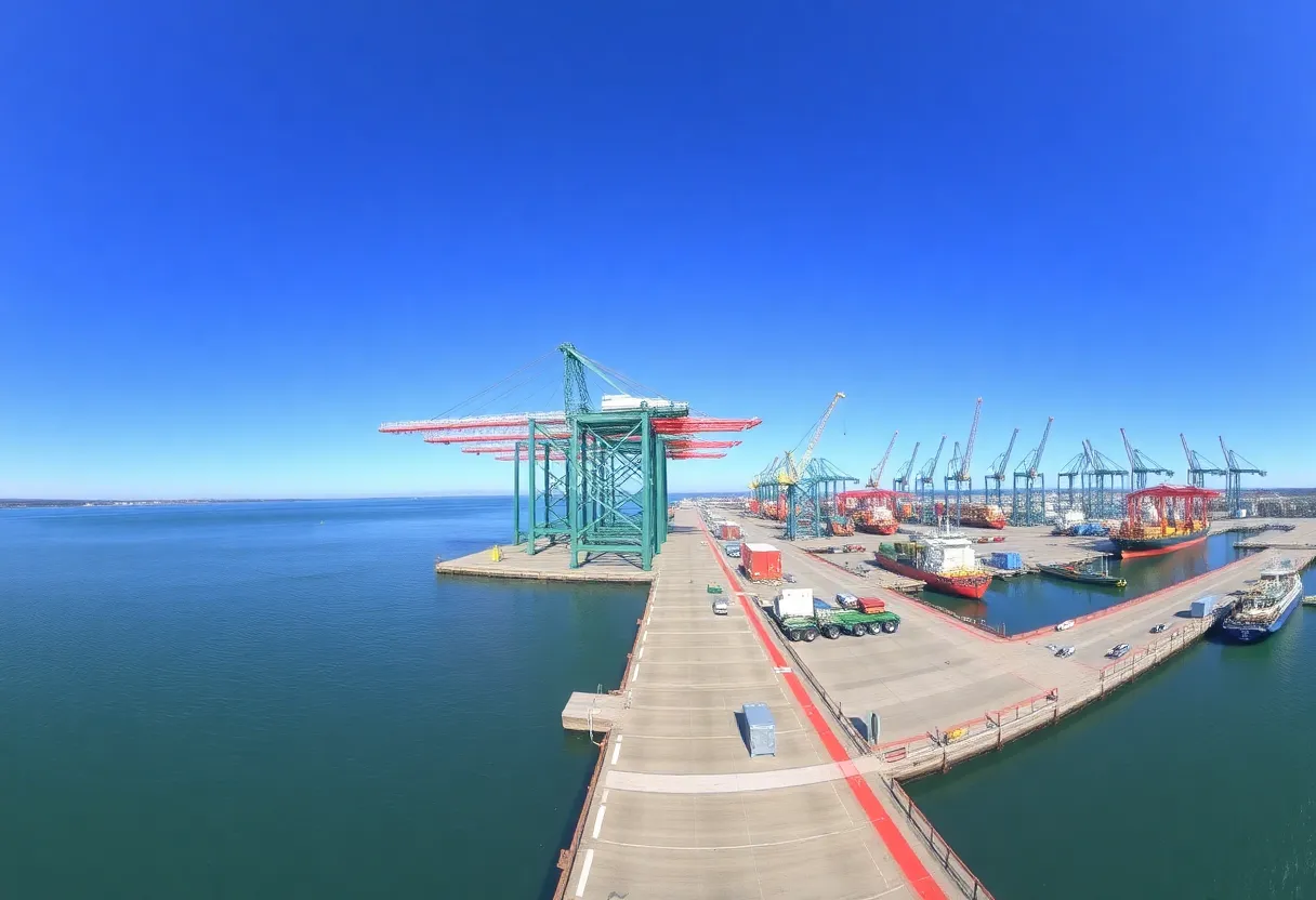 Newly constructed Terminal 5 Pier at the Port of Davisville with various vessels docked.