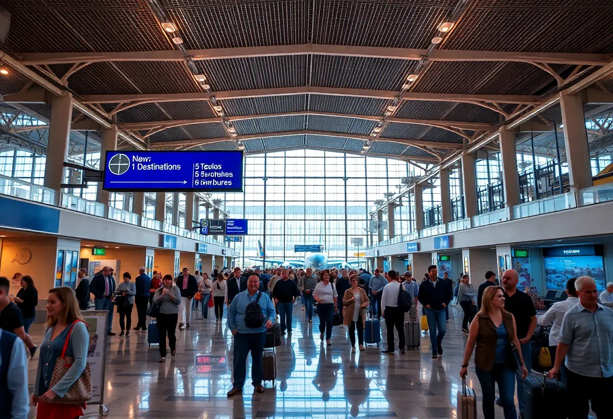 Busy terminal at T.F. Green International Airport with passengers and airplanes.