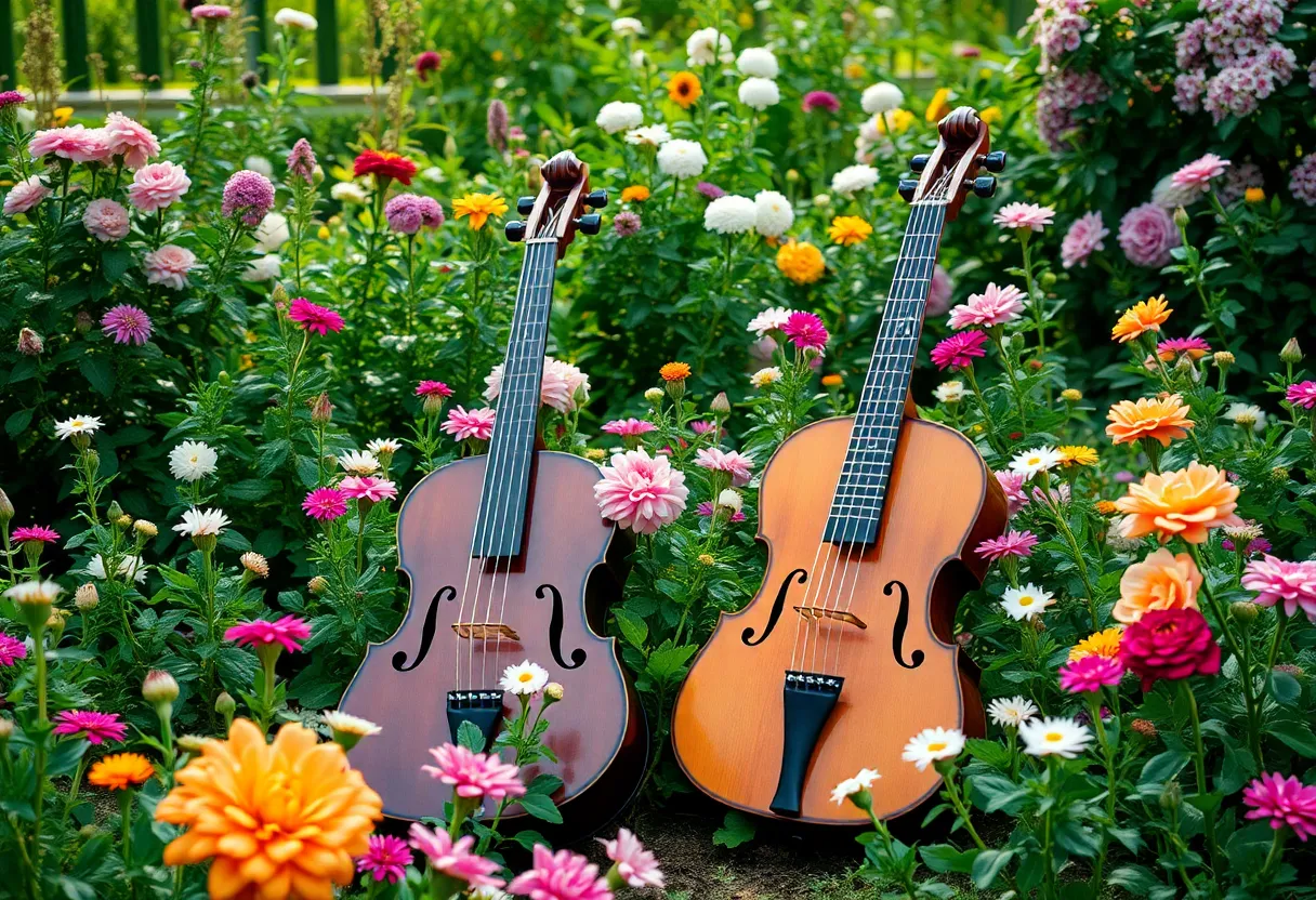 A serene garden reflecting music and love.