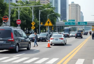 Urban traffic on I-95 with pedestrian safety measures displayed.