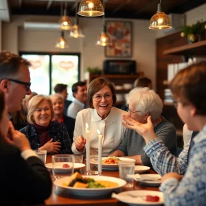 Patrons and staff celebrating kindness and compassion in a restaurant