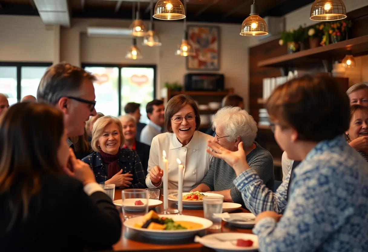 Patrons and staff celebrating kindness and compassion in a restaurant