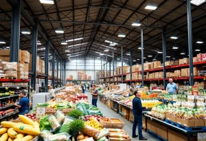 Activity inside a large food distribution warehouse filled with organic and specialty food items.