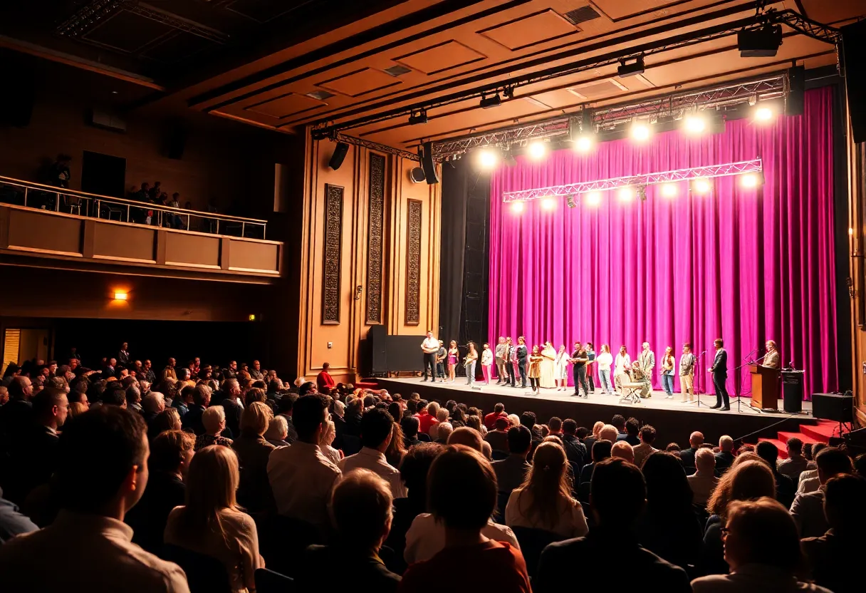 Stage setting for URI Theater Season with audience in background.