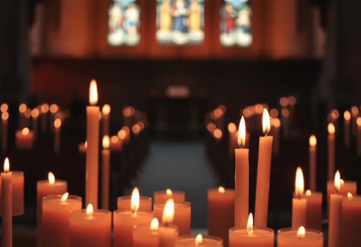 An abstract representation of a church gathering in remembrance.