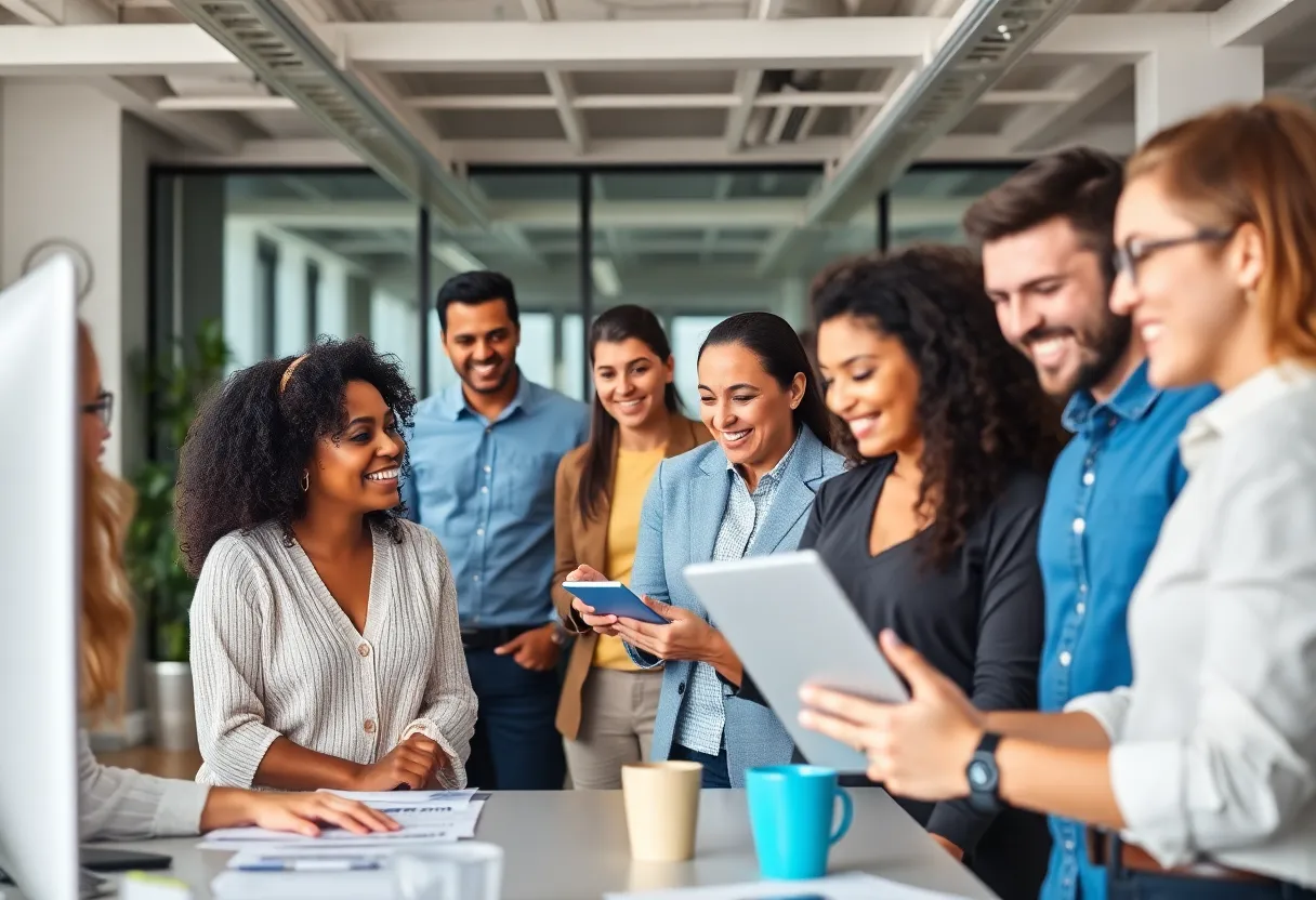 Engaged employees working together in a modern office space.