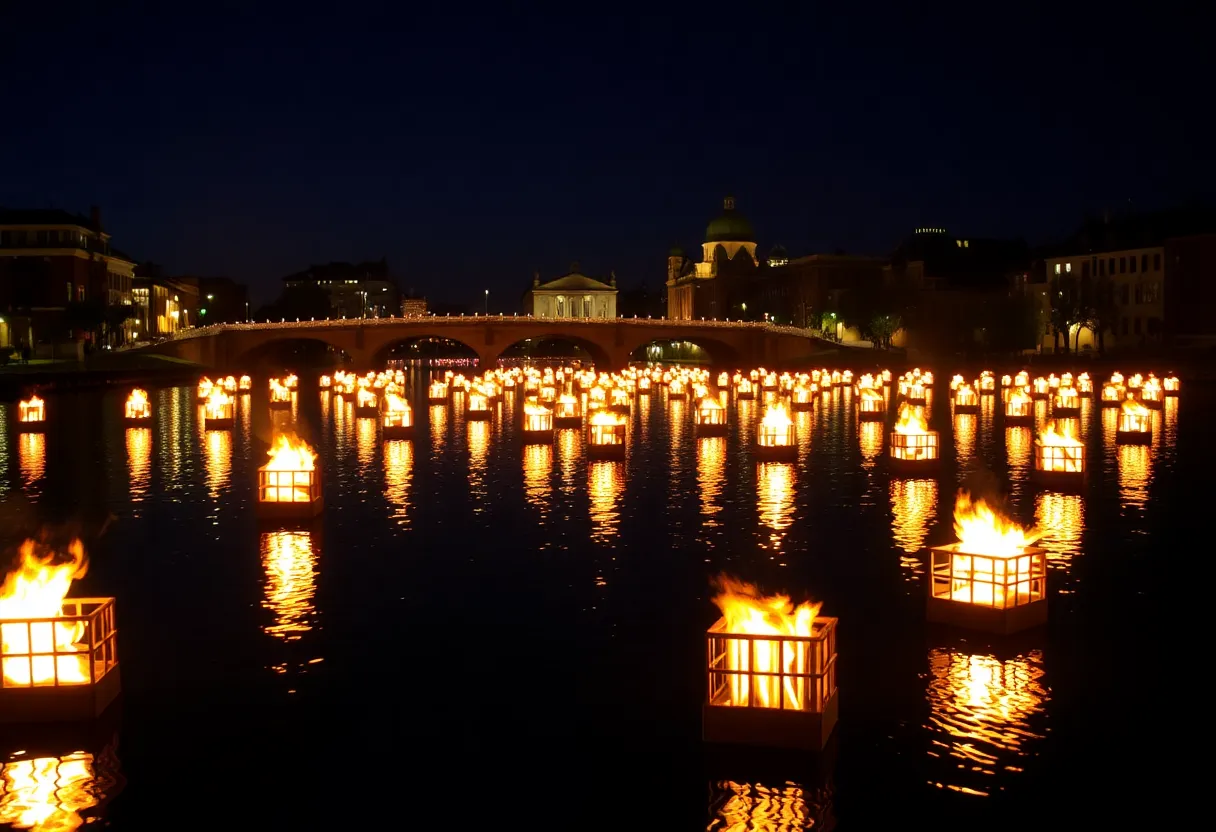 Illuminated braziers on Providence River during WaterFire