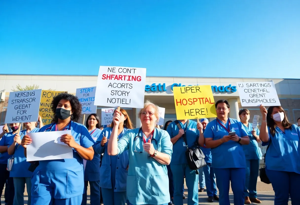 Healthcare workers protesting outside Women and Infants Hospital