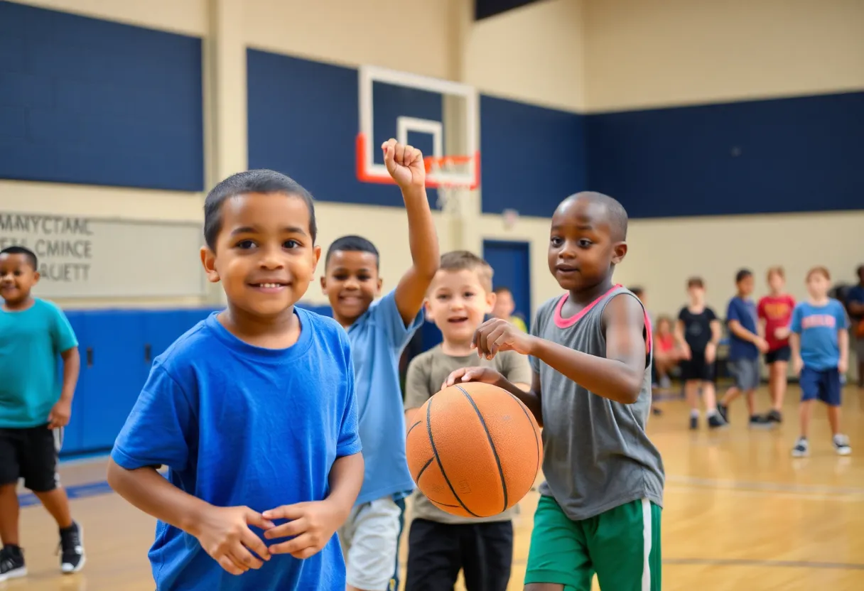 Children playing basketball at a community center