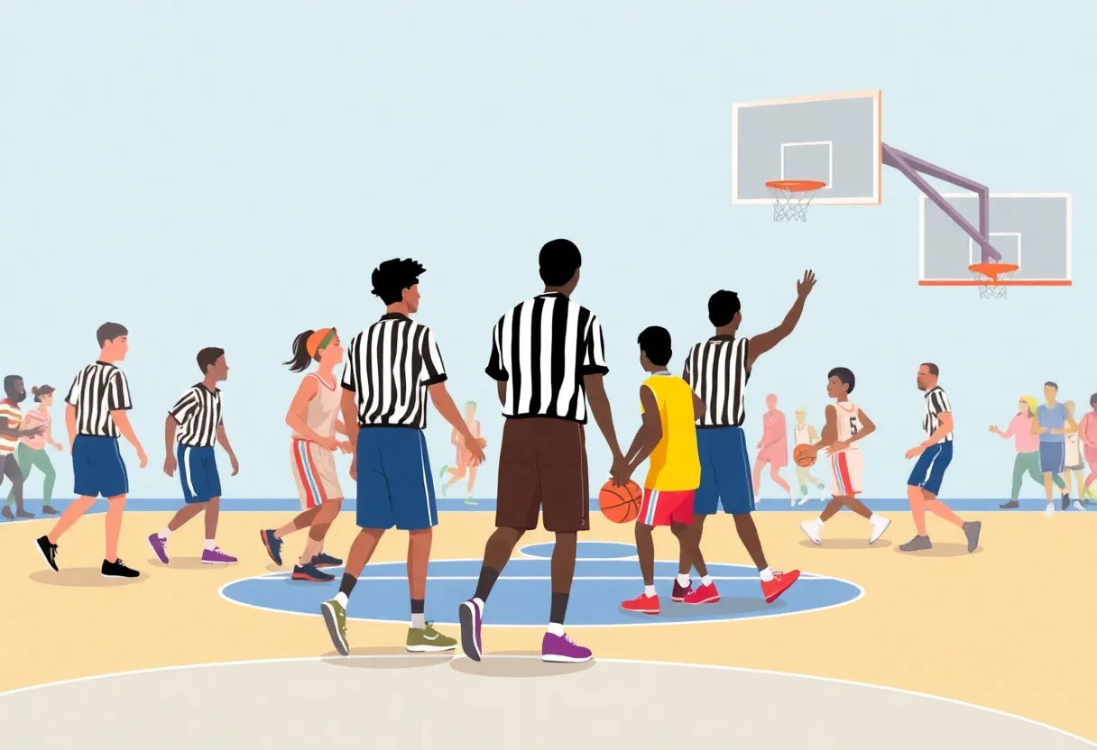 Youth basketball players and referees promoting sportsmanship