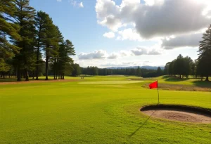 Golfers playing at the Falls Course with a waterfall in the background