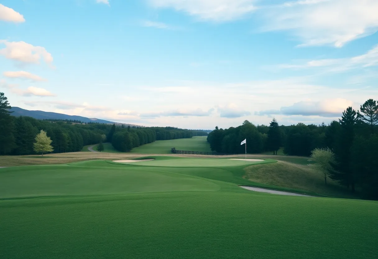 A stunning golf course landscape in Rhode Island with fairways and ocean views.
