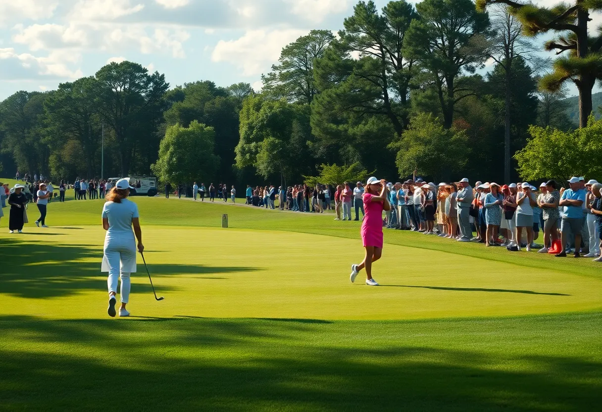 Women golfers competing in a tournament at a scenic golf course