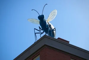 Statue of Nibbles Woodaway, the Big Blue Bug in Providence, Rhode Island