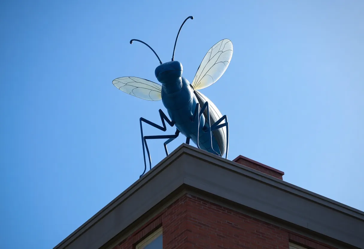 Statue of Nibbles Woodaway, the Big Blue Bug in Providence, Rhode Island