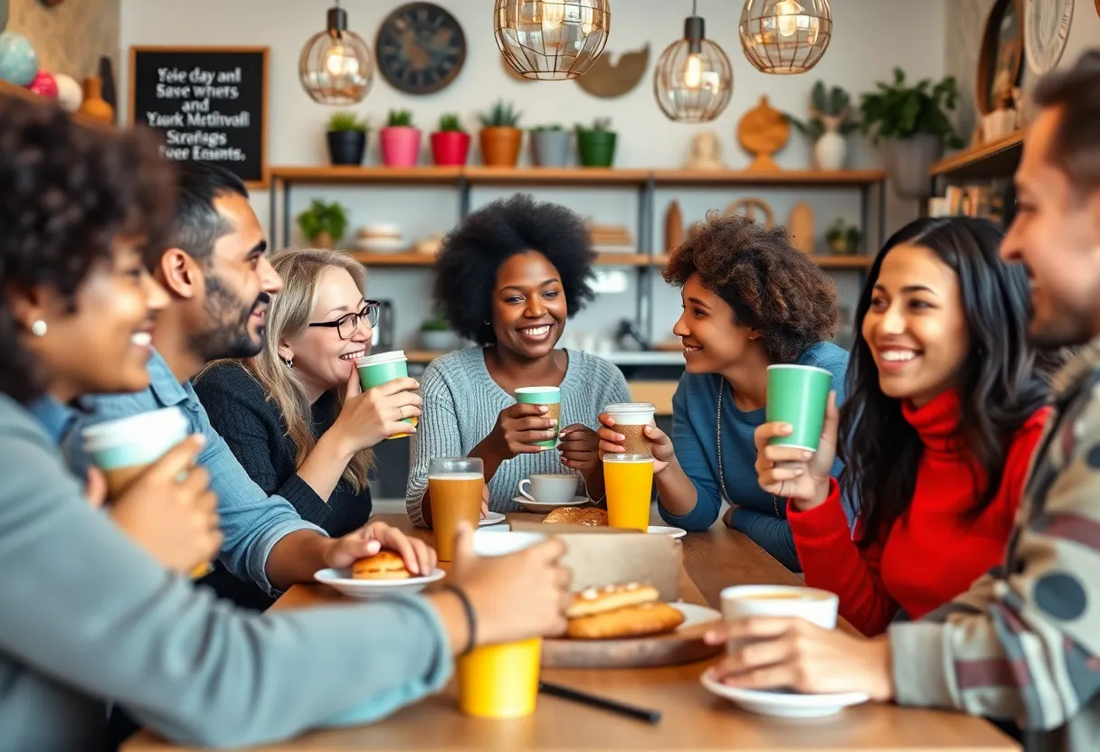 Inclusive coffee shop with diverse customers enjoying drinks