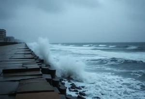 Stormy weather over the Boston coastline with raging waves and dark clouds.