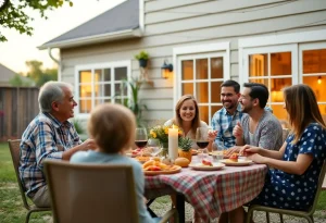 Family gathering in a warm and inviting outdoor setting