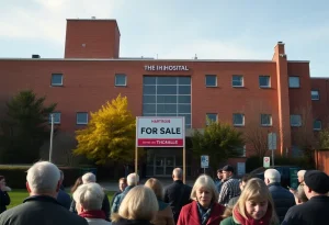 A hospital building with a For Sale sign and community members around.