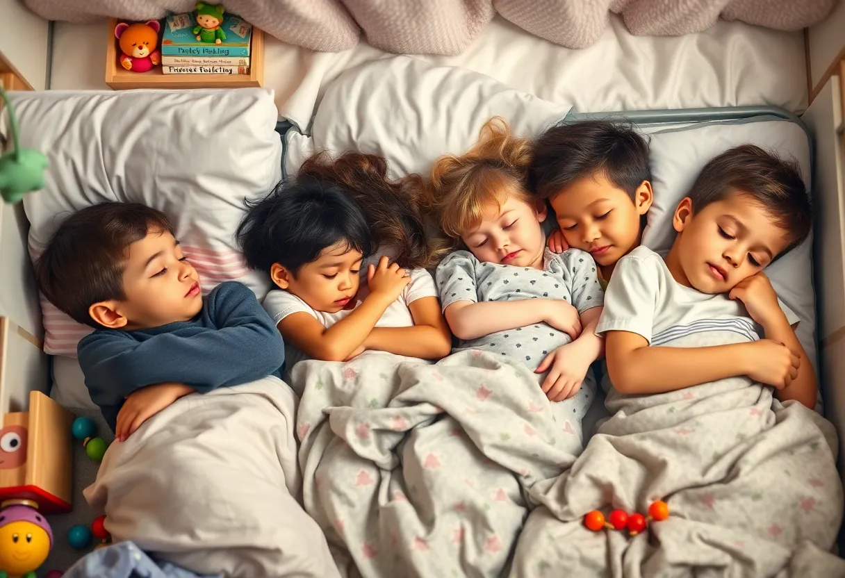 A group of children sleeping in a cozy bedroom