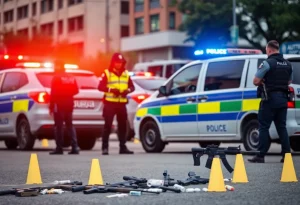 Law enforcement officers surveying a drug bust scene with seized narcotics and firearms