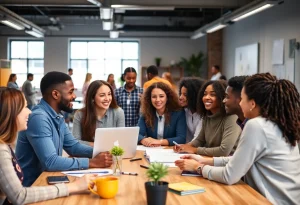 A vibrant co-working space filled with professionals collaborating on projects for children's welfare.