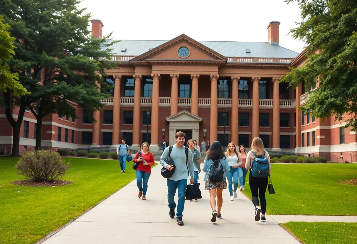 A view of Columbia University campus with students engaged in activities.