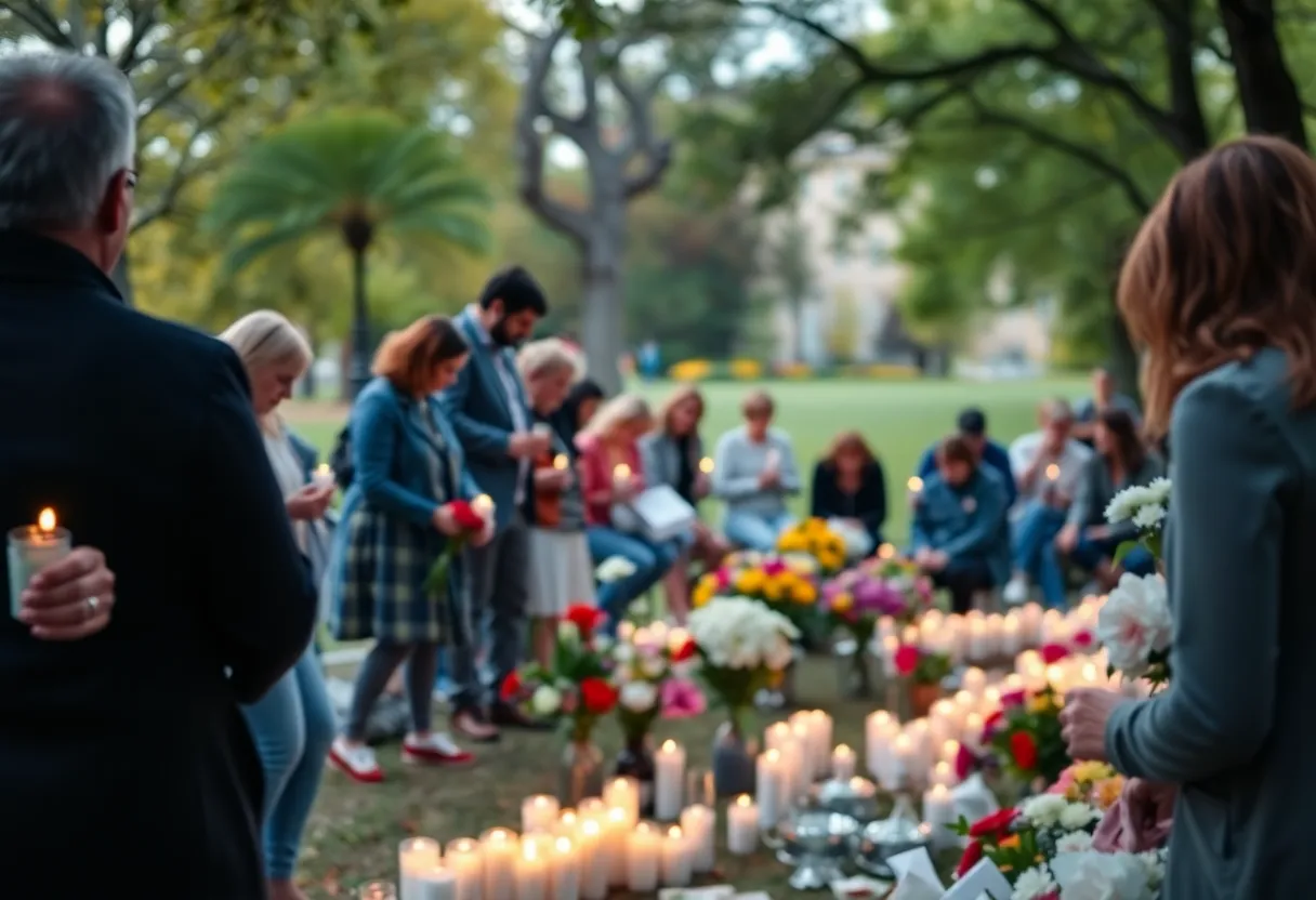 Community members gather in remembrance, holding candles.