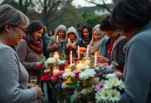 Community members gathered in remembrance with candles and flowers