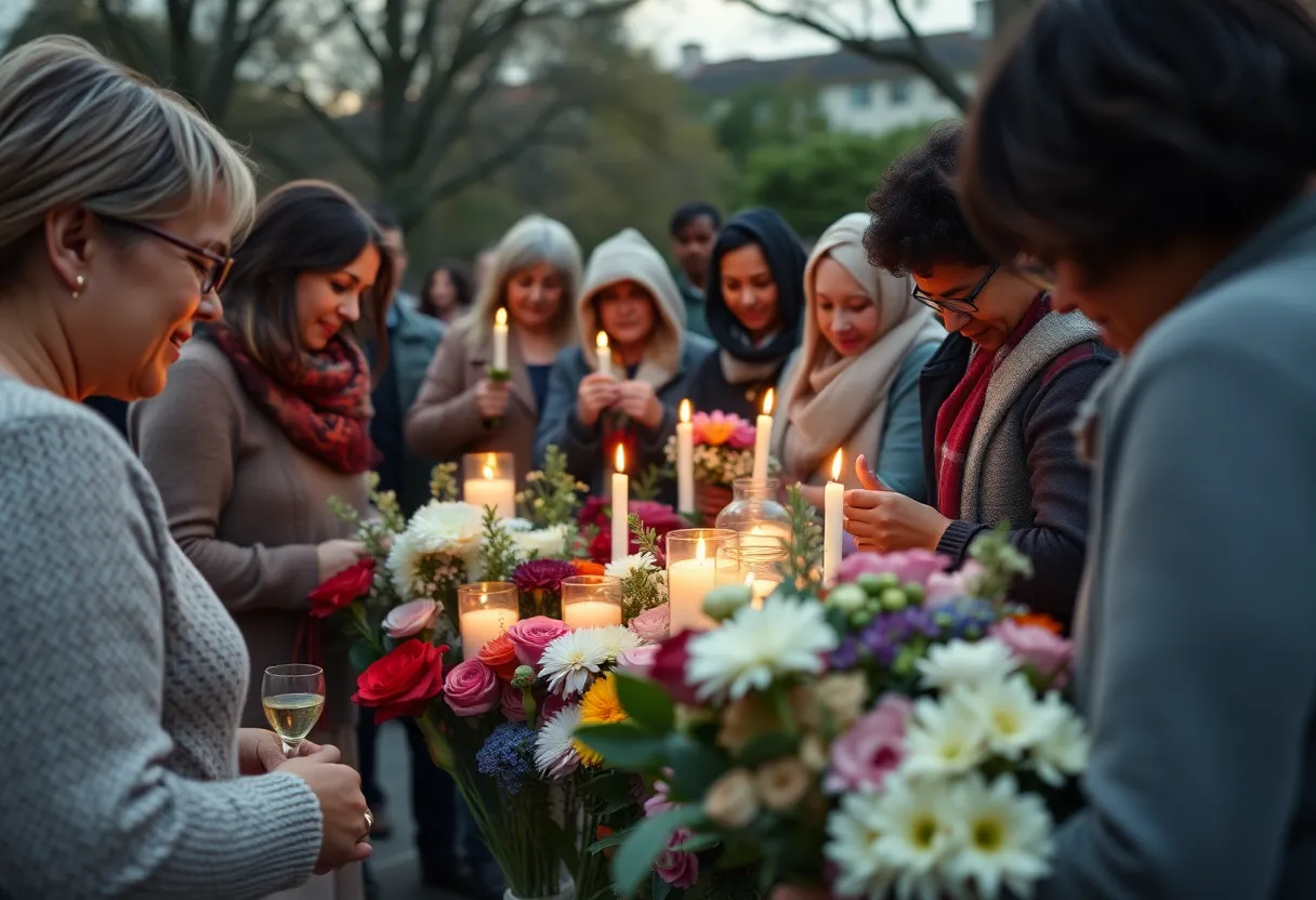 Community members gathered in remembrance with candles and flowers
