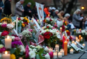 A memorial setup in the community with flowers and candles